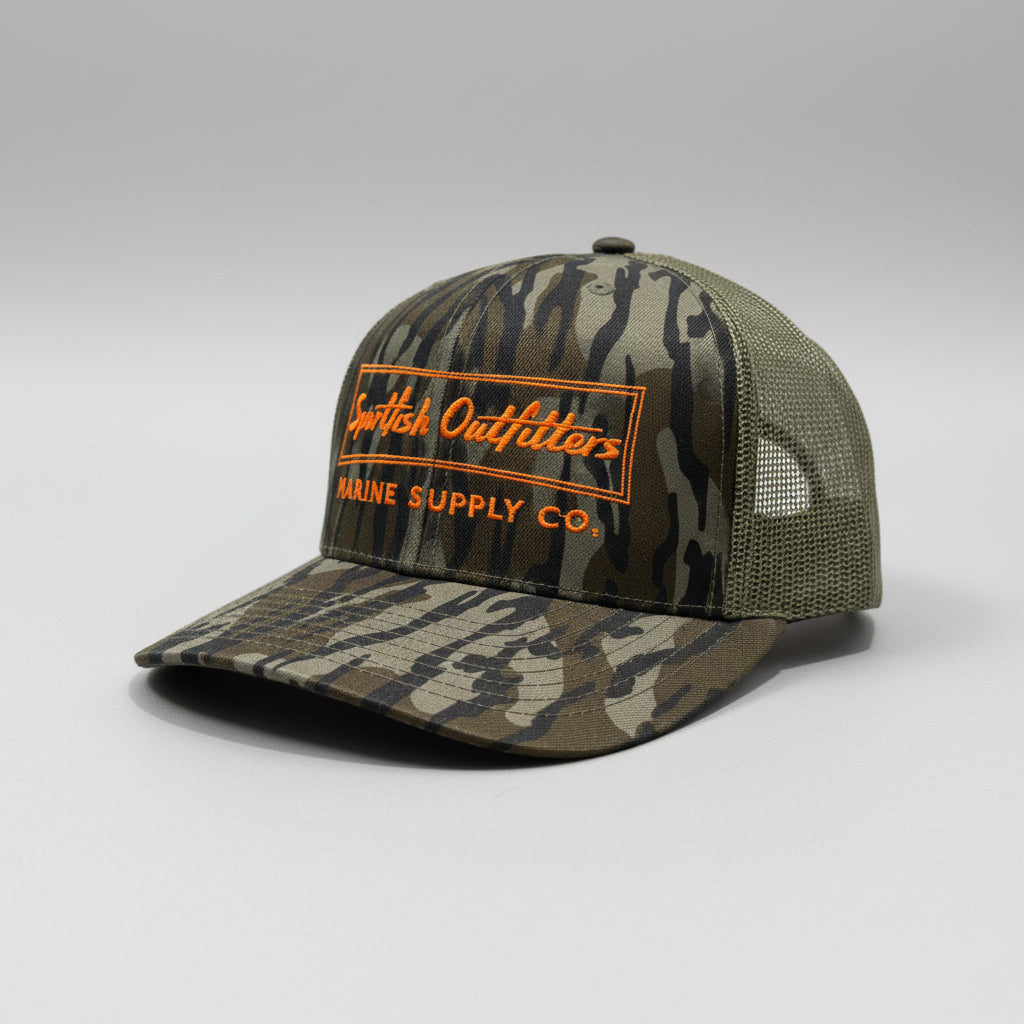 Camouflage cap with 'Sportifsh Outfitters Marine Supply Co.' log