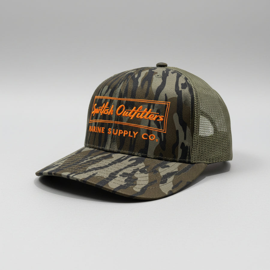 Camouflage cap with 'Sportifsh Outfitters Marine Supply Co.' log