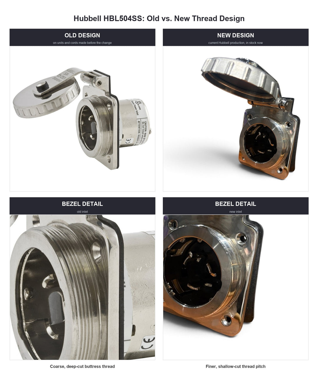 Hubbell HBL504SS old vs new thread and bezel design comparison