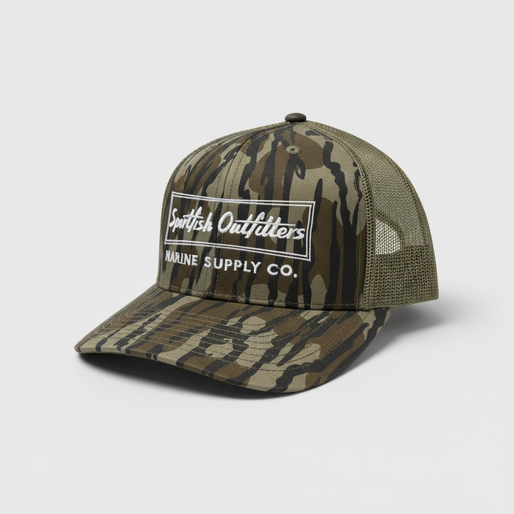 Camouflage baseball cap with 'Sportfish Outfitters' logo