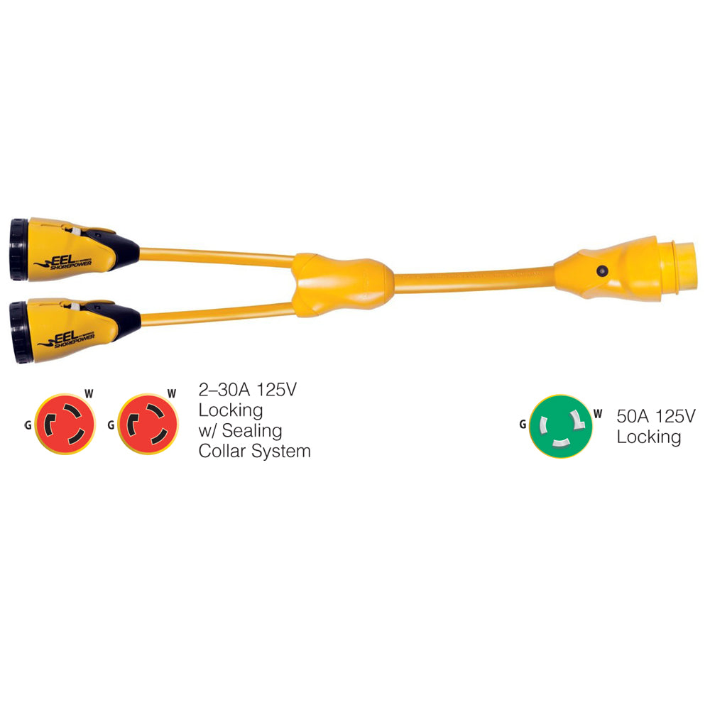 Marinco Y503-2-30 EEL (2)-30A-125V Female to (1)50A-125V Male - &quot;Y&quot; Adapter - Yellow [Y503-2-30]