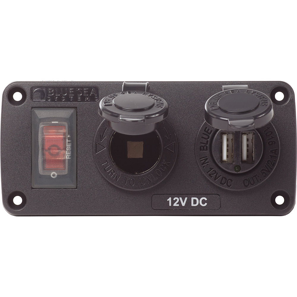 Blue Sea 4363 Water Resistant USB Accessory Panels - 15A Circuit Breaker, 12V Socket, 2.1A Dual USB Charger [4363]