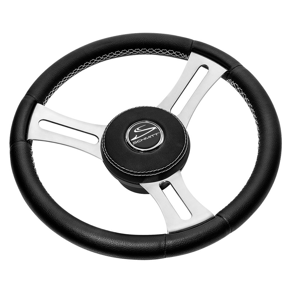 Schmitt Marine Torcello Elite 14&quot; Wheel - Black Leather  Cap - White Stitching - Polished SS Spokes - 3/4&quot; Tapered Shaft [PU085241]